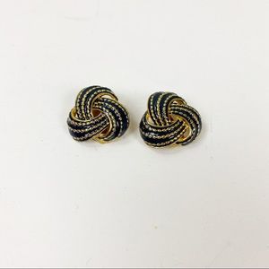 💕 Vtg Knot Clip on Earrings Navy and Gold